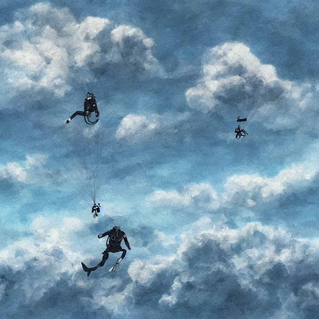 Image similar to a single scubadiver floating above the clouds, closeup, digital drawing