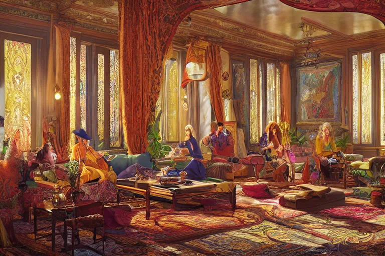 Image similar to a bright bohemian parlor with sunbeams streaming in from tall windows, by Ludwig Deutsch and Evelyn De Morgan and Donato Giancola, floral embroidery, carved wood, oriental carpets,rich color, dramatic cinematic lighting, featured on Artstation, cgsociety, unreal engine