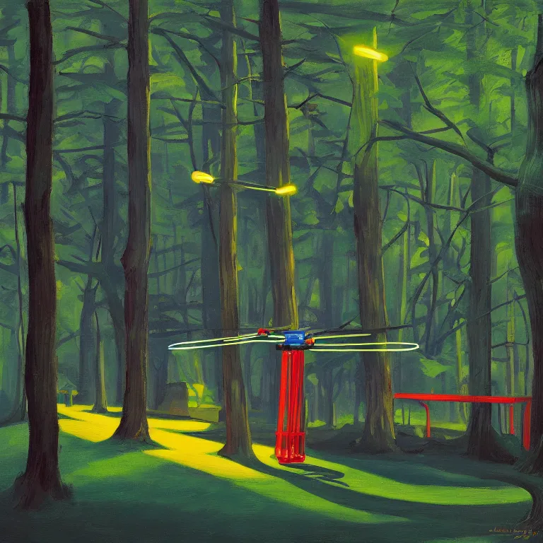 Image similar to neon quadracopter in the woods, painted by Edward Hopper, painted by James Gilleard, airbrush