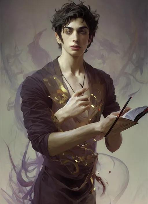 Image similar to character concept portrait of an attractive young clever Spanish wizard with pale golden skin enchanting an explosion curse, a floating iridescent spell book in the center, intricate, elegant, digital painting, concept art, smooth, sharp focus, illustration, from Metal Gear, by Ruan Jia and Mandy Jurgens and William-Adolphe Bouguereau, Artgerm