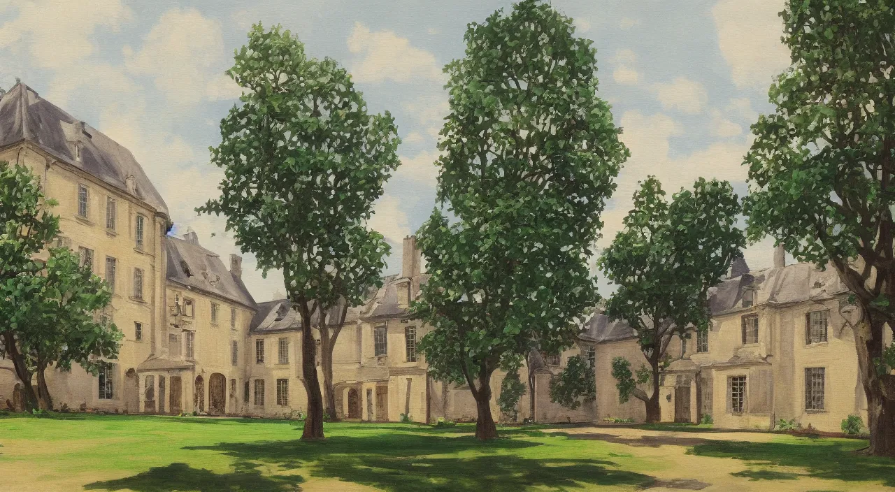 Prompt: a painting of a French manor, with a square, in the style of anime