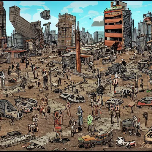 Image similar to where's waldo in a post apocalyptic city