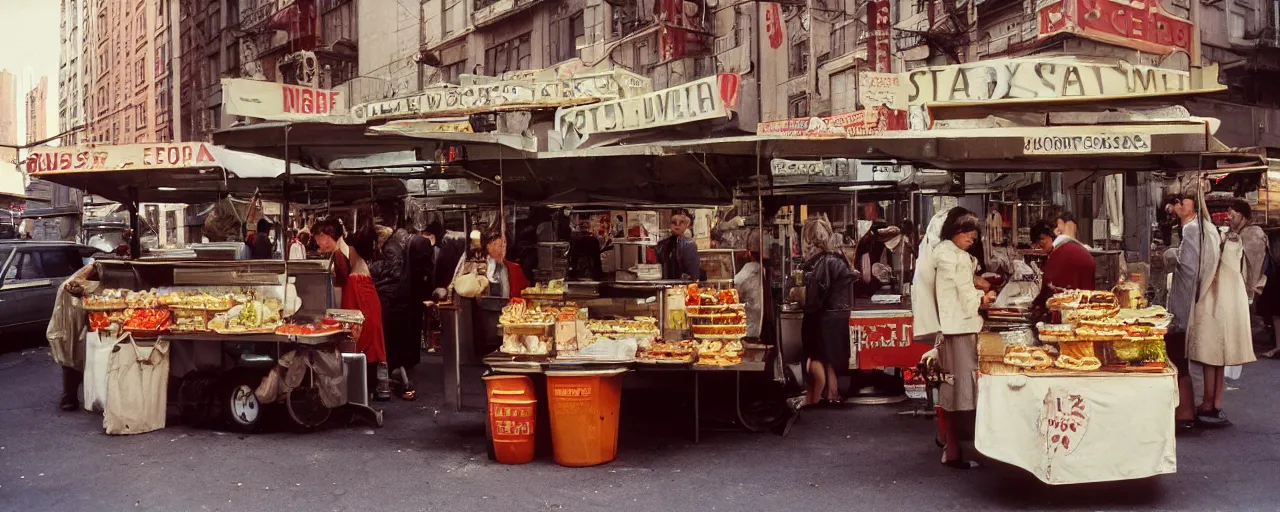 Image similar to food stand selling spaghetti, in downtown nyc, kodachrome, in the style of wes anderson, retro