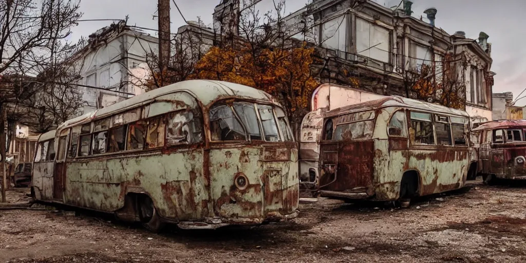 Image similar to low wide angle shot of dilapidated fallout 5 europa, temperate european small town, desolate, dilapidated neon signs, few rusted retro futuristic vintage parked vehicles like cars, buses, trucks, trams, volumetric lighting, photorealistic, daytime, autumn, sunny weather, sharp focus, ultra detailed, 4 0 0 0 k