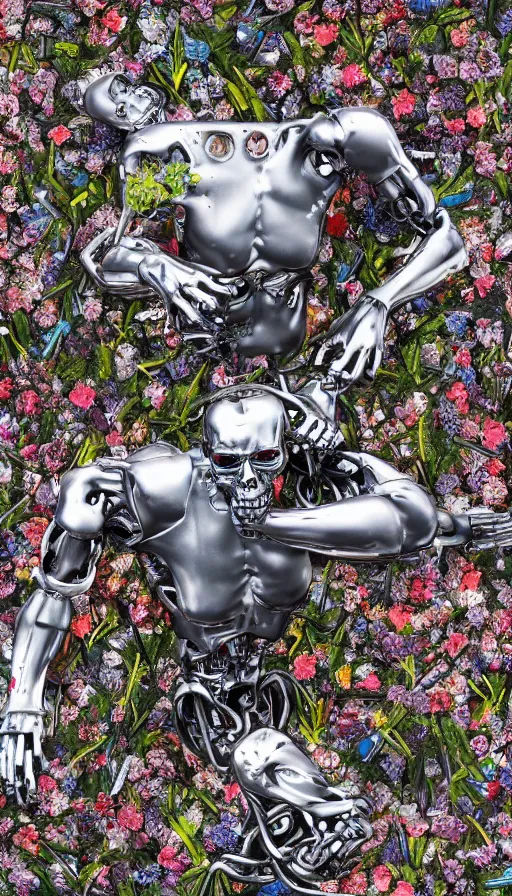 Image similar to destroyed terminator lying in a field of flowers, twisted metal, chrome, reflections, anthropomorphic, photorealism, smoke, metal, 8 k, surreal, wires, smooth, sharp focus, top view, extremely detailed, hyperrealism, elegant, establishing shot, by jeff koons, artgerm and greg rutkowski