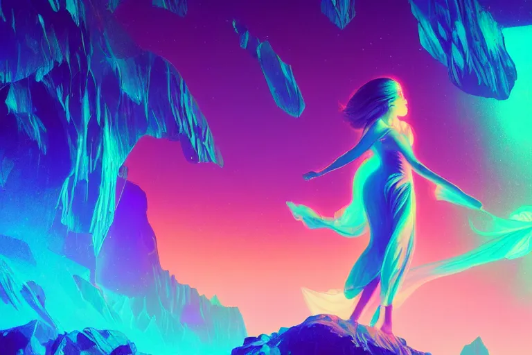 Image similar to wide wide photo of surreal beautiful beautiful woman (((dynamic neon lighting)) in chromatic dmt trippy lake with glowing birds, mountains, elegant, highly detailed, sharp focus, illustration, beautiful, geometric, trending on artstation, cinematic, artwork by Tran, Ross and Aivazovsky, Ivan