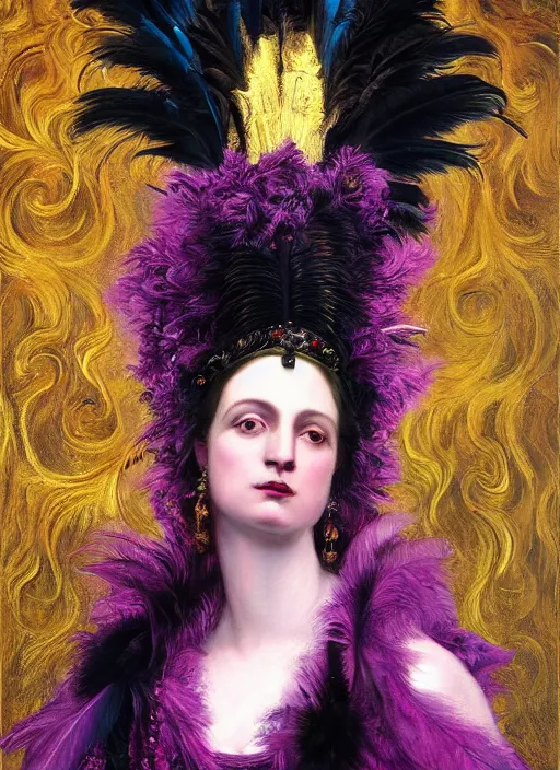 Prompt: highly detailed oil painting | very intricate | cinematic lighting | black, magenta and turquoise color scheme, dark background | the queen of heaven by jake hicks, dressed in feathers | by roberto ferri, by gustav moreau, by singer sargent and klimt, american romanticism, occult art | by austin osman spare, artstation, cgsociety, official art, octane