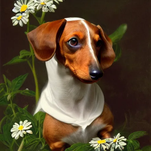 Prompt: Dachshund dog sitting in flowers, highly detailed photo in the style of Franz Xaver Winterhalter and Aetherpunk