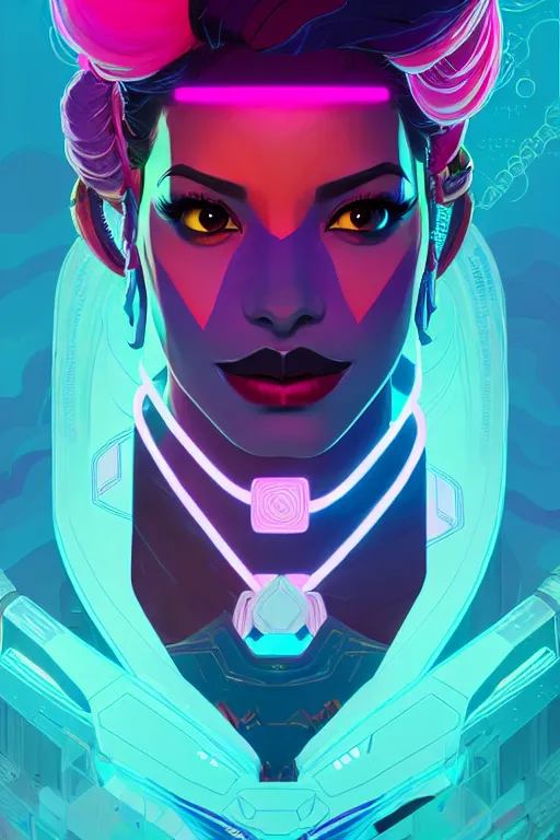 Prompt: portrait of beautiful sombra from overwatch, artstation winner by victo ngai, kilian eng and by jake parker, by conrad roset, swirly vibrant color lines, winning award masterpiece, fantastically gaudy, aesthetic octane render, 8 k hd resolution