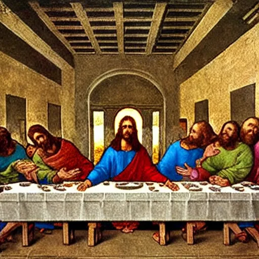 Image similar to Jesus as a comic book superhero in The Last Supper by Leonardo da Vinci