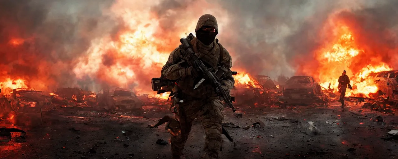 Prompt: a soldier wearing a balaclava running toward the camera with a rifle with a massive fiery explosion behind him with debris and damaged vehicles and buildings everywhere , cinematic framing, cinematic lighting, hdr, gritty, movie still, 4k, in the style of the movie lone survivor