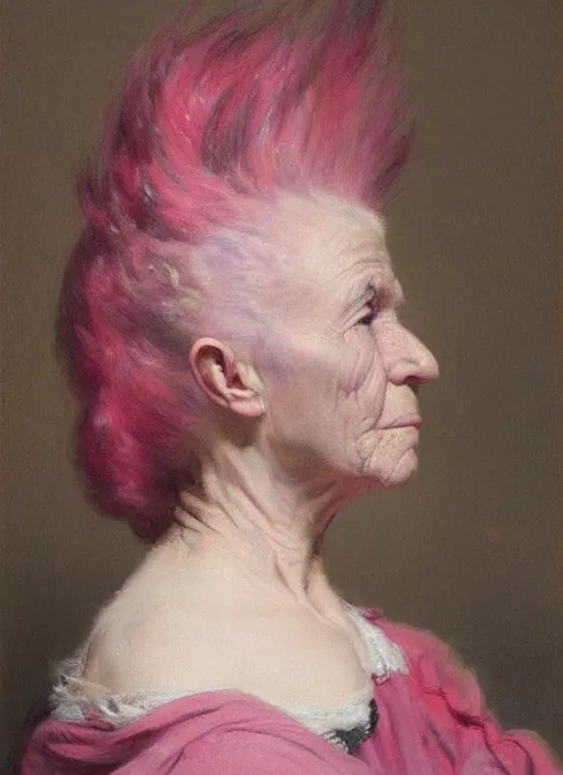 Prompt: a detailed portrait of old woman with a mohawk by edouard bisson, pink hair, punk rock, oil painting, muted colours, soft lighting