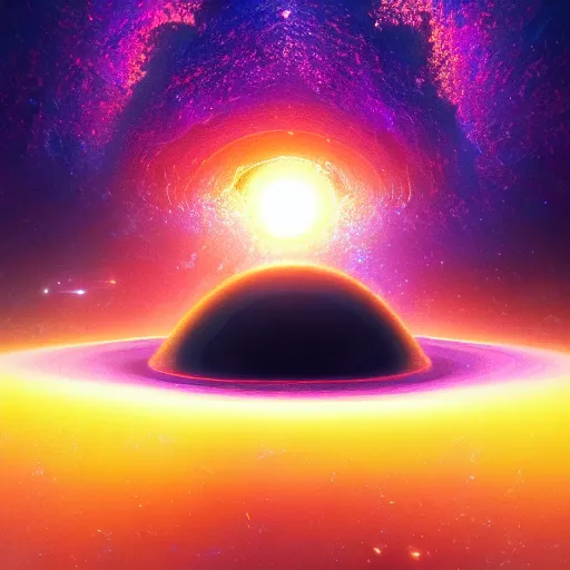 Image similar to glowing glorious 3D black hole in movie, intergalactic, space theme, galaxy colored, hyperdetailed, digital painting, trending on Artstation, cel-shading style, CG society, hyperdetailed, digital painting, hypermaximalist, golden ratio, volumetric, octane render, weta digital, micro details, 3d sculpture