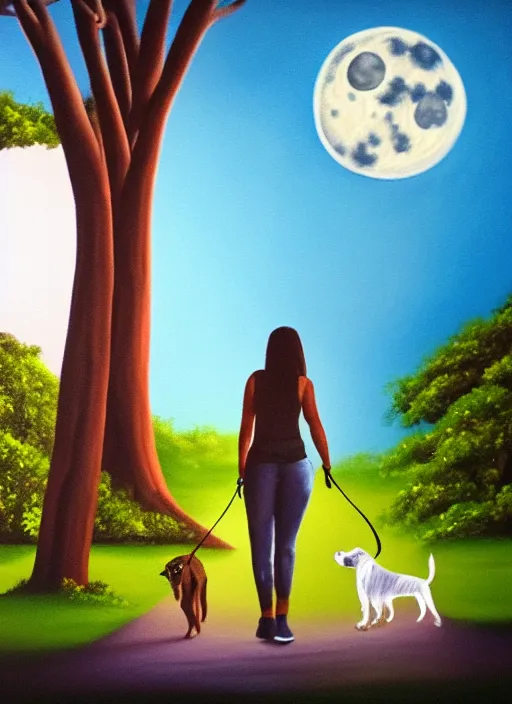 Image similar to young brown woman walking her dog in a park at night with a full moon, ceiba trees, acrylic painting, photoreal, fantasy