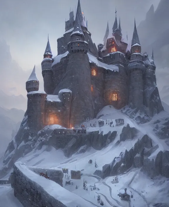 Image similar to a painting of a castle in the middle of a snowy mountain, a detailed matte painting by andreas rocha and greg rutkowski, featured on artstation, fantasy art, matte drawing, matte painting, artstation hq