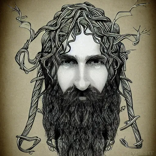 Image similar to bearded male druid gray skin pointy ears with vines as hair detailed fantasy drawing tolkien