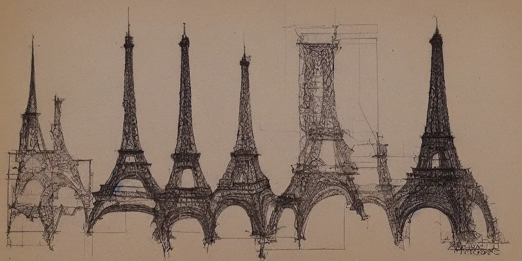 Image similar to architectural design studies of Eiffel Tower, drawn by Leonardo da vinci