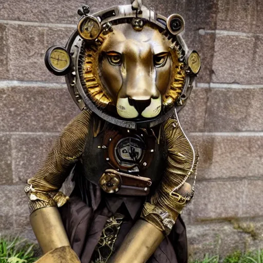 Prompt: photo of a steampunk lion in the wild