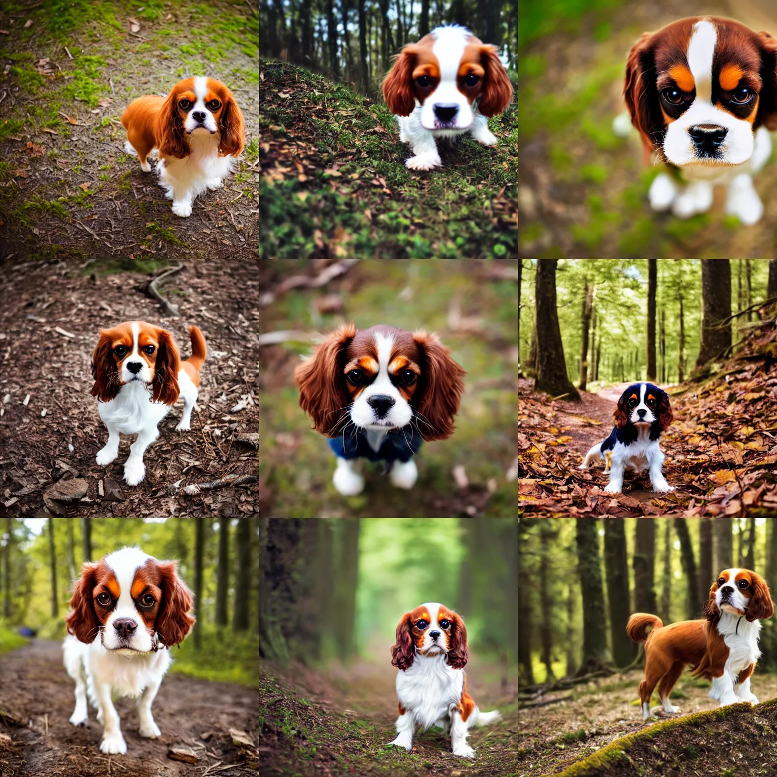 Prompt: cavalier king charles spaniel, on a forest trail, high angle, tilt - shift photography