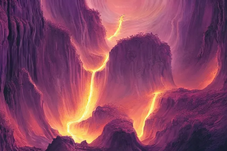 Image similar to Celestial majestic luxurios futuristic other worldly realm with Singaporean royal gold lush volcano erupting, volcano lava, set on Antelope Canyon with white thermal waters flowing down pink travertine terraces and lava overflowing, relaxing, ethereal and dreamy, thunderstorms and multiversal tornado, visually stunning, from Star Trek 2021, illustration, by WLOP and Ruan Jia and Mandy Jurgens and William-Adolphe Bouguereau, Artgerm