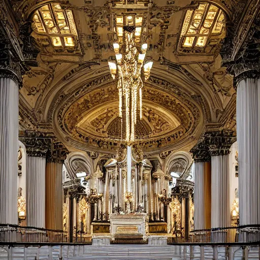 Prompt: white and silver interior of a majestic basilica in ornate Rocco style, high definition, dim lighting, award winning