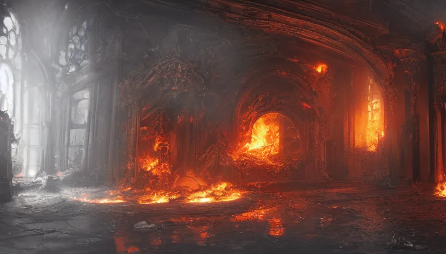 Prompt: Burning entrance hall of a damaged magical castle with fire, ashes and smoke, hyperdetailed, artstation, cgsociety, 8k