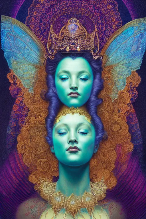 Image similar to portrait of an eleven queen with lace wings by artgerm, mandala, rococo, vivid color, complementary color, golden ratio, detailed, sharp lines, sharp focus, intricate, rainbowshift, by maxfield parrish, by peter mohrbacher, by gustave dore, by alphonse mucha, deviantart, octane render