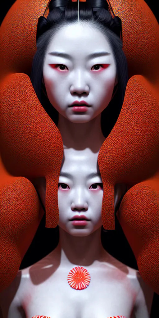 Image similar to hyperrealistic detailed image of a geisha in a art installation room, hd smooth interior by yayoi kusama, part by kei mieno, part by ross tran, dark art by james jean, ultra realistic, highly detailed, life like face, detailed body, 8 k, 3 d render by roger magrini, masterpiece