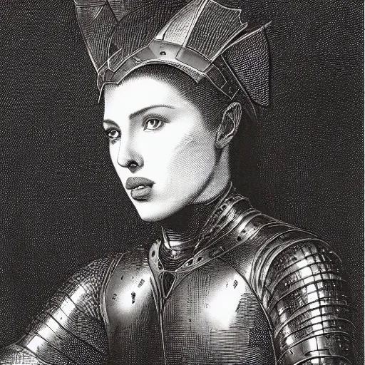 Prompt: engraving portrait of scarlet johansson in medieval armoury by gustave dore