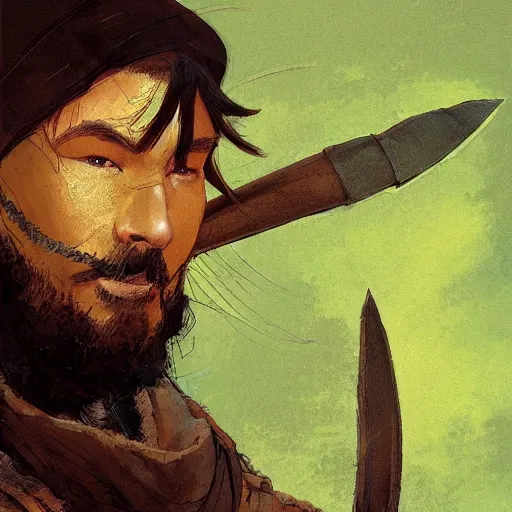 Prompt: a medieval hunter man with japanese ethnicity and stubble, chartreuse color scheme, fantasy character portrait by craig mullins