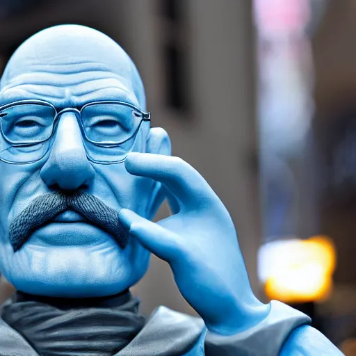 Image similar to a photograph of a very detailed renaissance sculpture of walter white as a smurf in times square, made by michelangelo, from the distance, hyper detailed, sharp focus, 8 k resolution, ray tracing