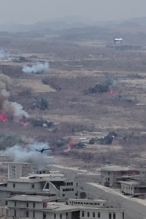 Image similar to the us military attacking pyongyang, dramatic angle, intense scene