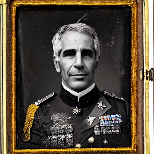 Image similar to daguerreotype portrait of jeffery epstein wearing an army uniform, very detailed, very intricate,