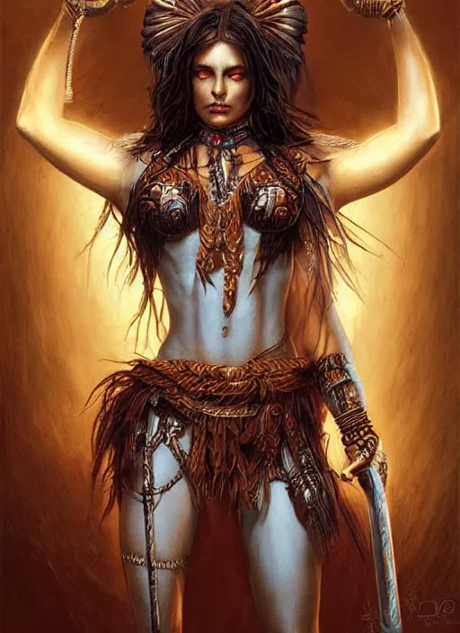 Image similar to a highly detailed symmetrical full body painting of a female amazon warrior with piercing beautiful eyes in dark tomb setting, dynamic lighting, ambient lighting, deviantart, art by artgerm and karol bak and mark brooks