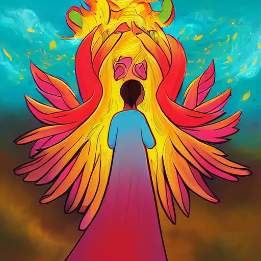 Prompt: a childrens book illustration about a faithful phoenix for a story that reads : from the ashes, she is born anew, to live and love and play once more. with each sunrise, she starts afresh, for life is nothing if not a game., ( playing ), digital art