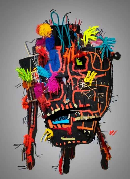 Image similar to closet full of monsters made out of pipecleaners in the style of Jean-Michel Basquiat, 3D cinematic lighting, spotlight at a 90 DEGREE ANGLE, photorealism, octane render, depth of field, 8k, 35mm, artgem, Trending on artstation