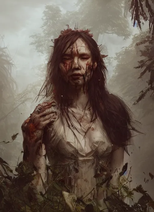 Prompt: A portrait of zombiefid women covered in nature by Greg Rutkowski, Sung Choi, Mitchell Mohrhauser, Maciej Kuciara, Johnson Ting, Maxim Verehin, Peter Konig, final fantasy, 8k photorealistic, cinematic lighting, HD, high details, dramatic, atmospheric , trending on artstation