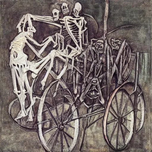 Image similar to the collage features a human figure driving a chariot. the figure is skeletal and frail, with a large head and eyes. the chariot is pulled by two animals, which are also skeletal and frail. pastel violet by antoni gaudi daring