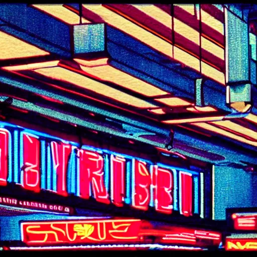 Image similar to an old shopping mall from the 1 9 8 0 s, neon lights, by satoshi kon