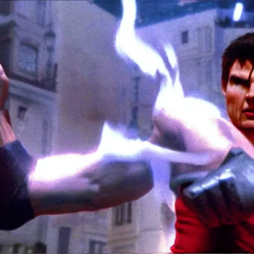 Prompt: Still of Tom Cruise as Ryu in Street Fighter throwing a Hadoken