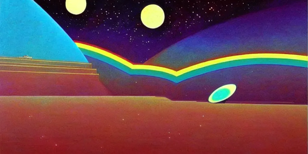 Image similar to time + space + reality, 🌈👾🌌, art deco, moebius, cinematic lighting, beautiful, elegant, oil painting,