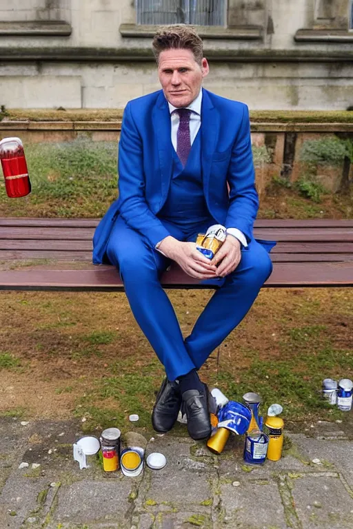 Prompt: Sir Kier Starmer in a blue suit wearing a flat cap on his head sitting on a bench alone holding a large plastic green bottle of cider, at his feet are empty cans and bottles