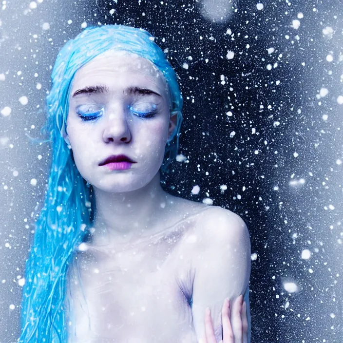 Image similar to a sickly looking young woman dying of hypothermia, with very white skin and pale blue hair wearing a long white summer dress made out of snowflakes in the middle of a heavy snowstorm. pale light blue lips. full body digital portrait by maromi sagi