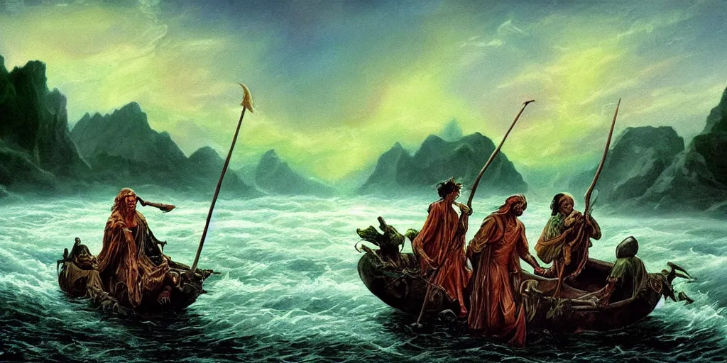 Image similar to high quality, realistic fantasy painting of Charon ferrying souls over luminescent green River Styx