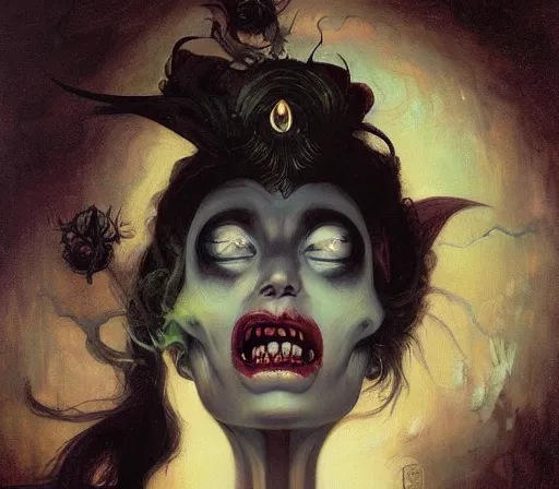 Prompt: portrait painting of a pale faced witch, casting evil death spells, reaction diffusion, nekro borja, gerald brom, rembrandt, alphonse mucha, peter mohrbacher