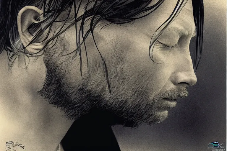 Image similar to hyper realistic portrait of ( thom ) yorke singer songwriter ok computer, side profile, liminal space, by lee bermejo, alphonse mucha and greg rutkowski