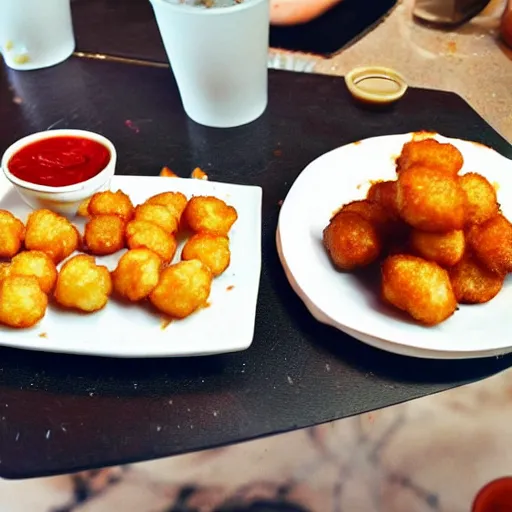 Image similar to food photo of channing tatum's face as giant tater tot on a plate with ketchup