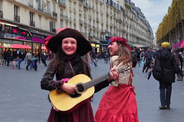 Image similar to a busking girl in the streets of paris with a pirate smile, hyperrealism, 8k