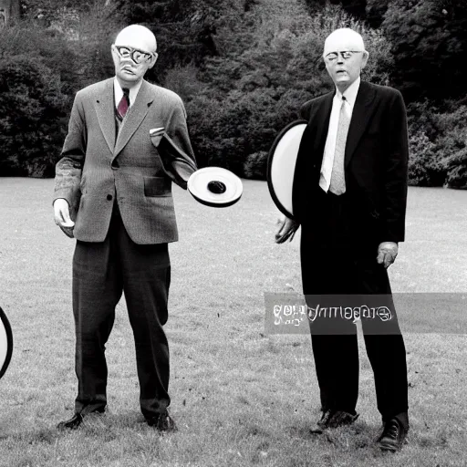 Prompt: gilbert and george playing with frisbees, in the park, where's wally