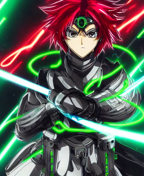 Prompt: an anime drawing of a futuristic warrior with jade green bladed armour and a futuristic helmet with a neon jade visor and red tracking lasers by Yusuke Murata, 4k resolution, photorealistic